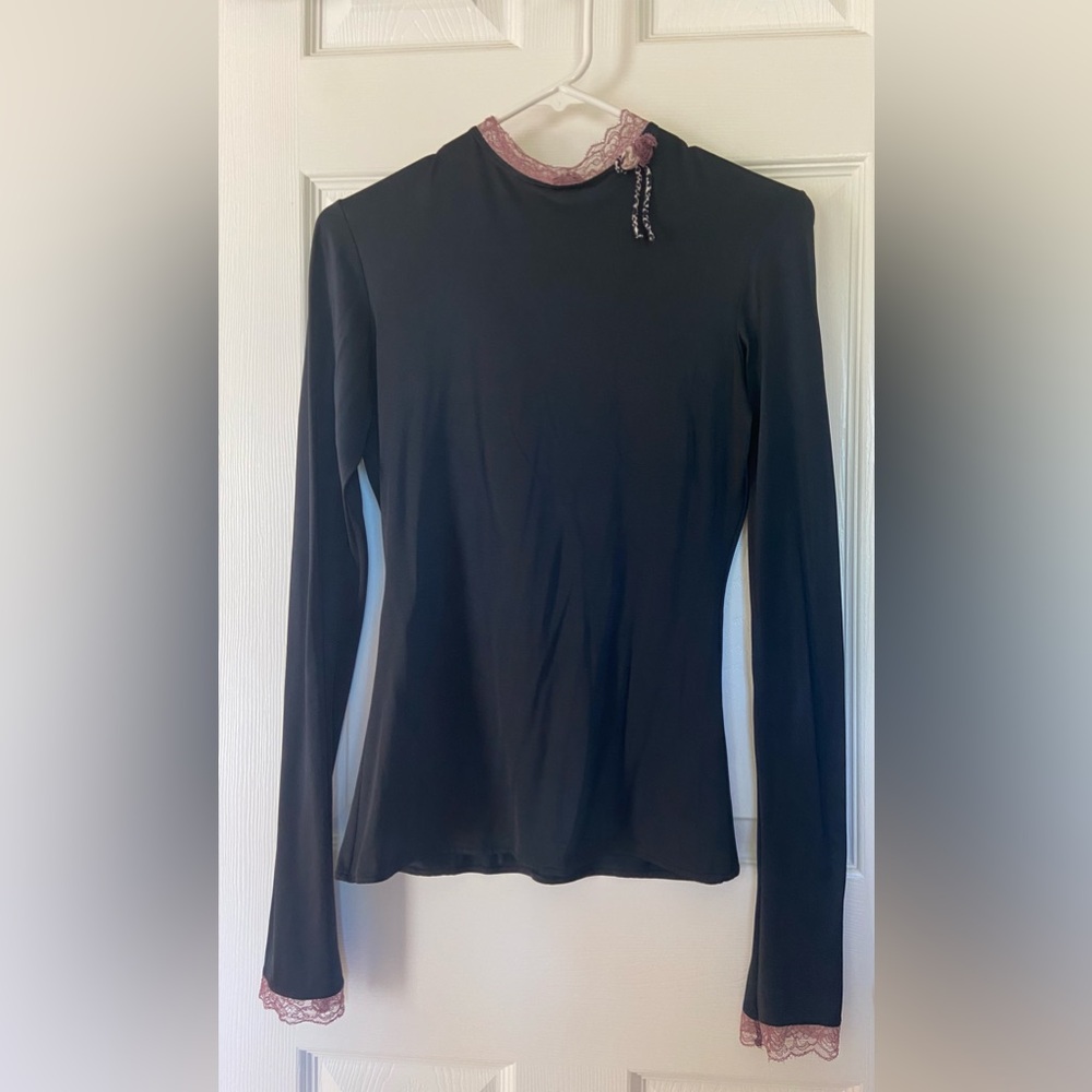 Chiarugi Luxury Black Lace Trim Top, Size S